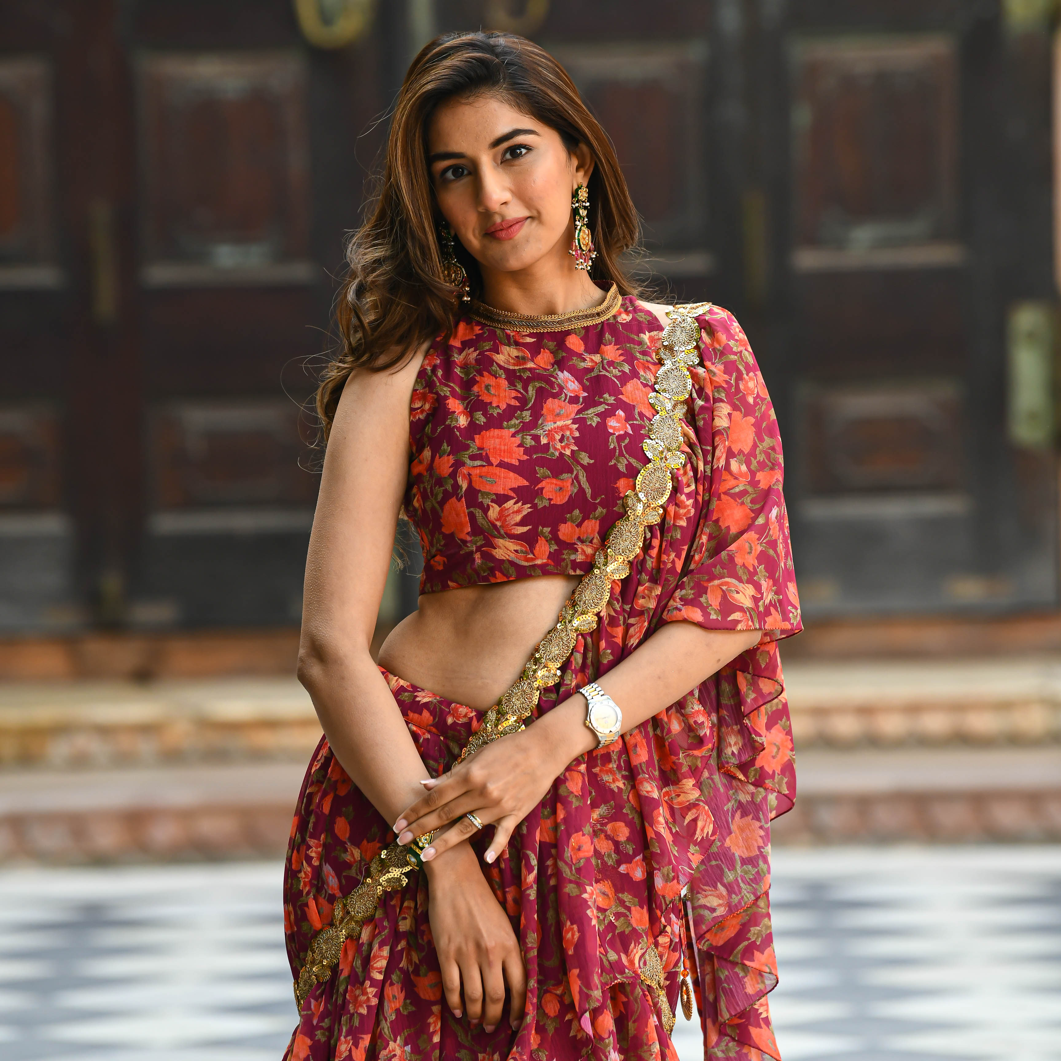 Maroon Floral Fusion Georgette Saree Online